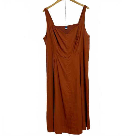 Old Navy Dress Women’s 3X Linen Fit & Flare Rust Fall Color Midi Smocked NWT - Picture 1 of 9